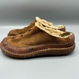 BORN Mohawk Shearling Winter Clogs Slippers Brown Suede / Leather Women's Sz 5?